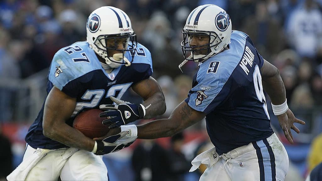 Quarterback Steve McNair (right) and running back Eddie George (left), two key figures in Tennessee Titans history