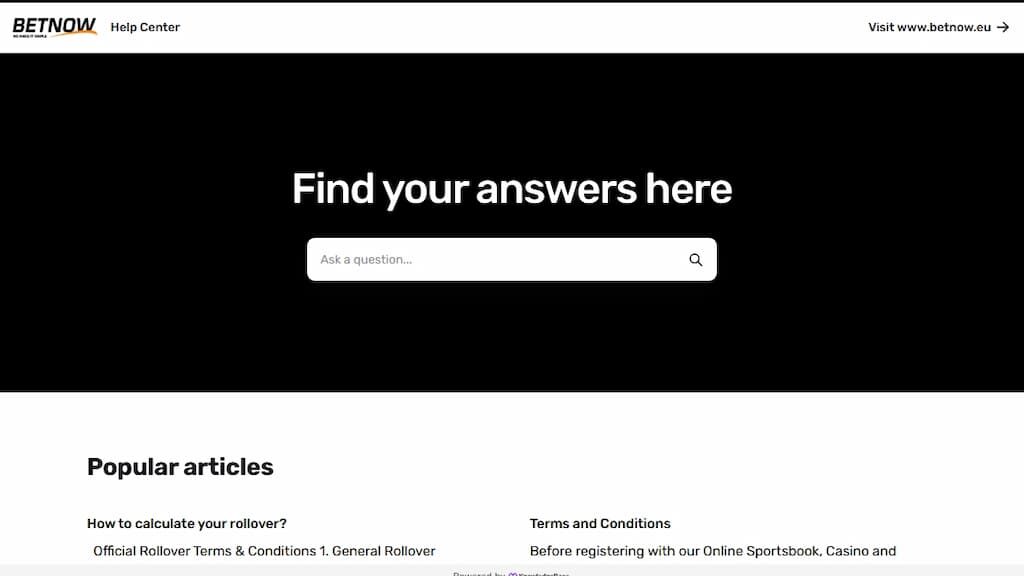 BetNow Help Center page
