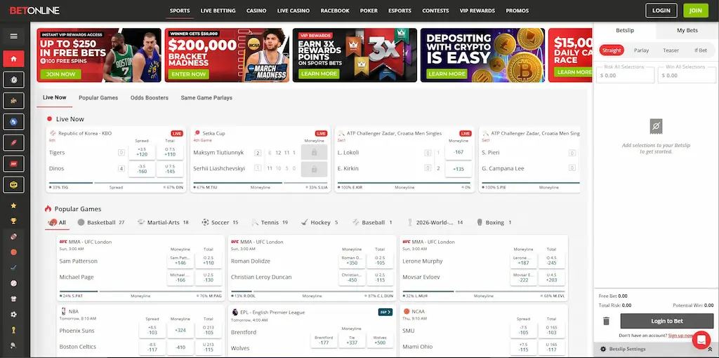 BetOnline Sportsbook homepage Mar 2026