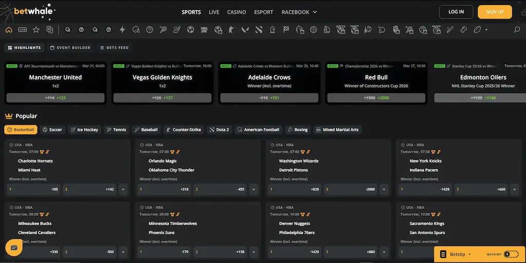 BetWhale Sportsbook Betting Options Mar 2026