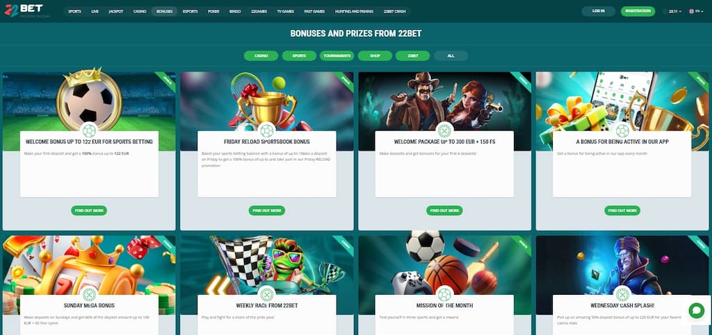 Bonuses page at 22Bet