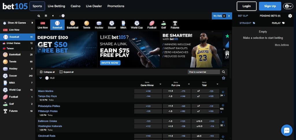 The main betting page at Bet105 Sportsbook