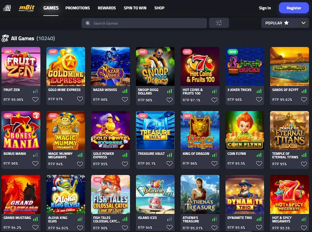 mBitcasino Games page May 2026