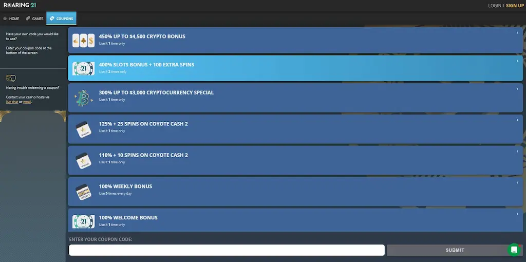 roaring 21 casino bonuses and offers May 2026