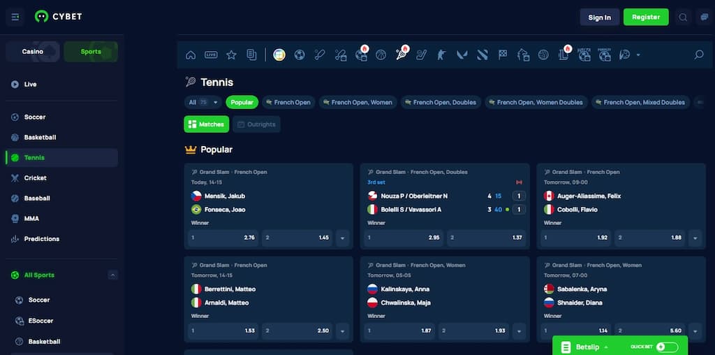 Cybet Sportsbook screen