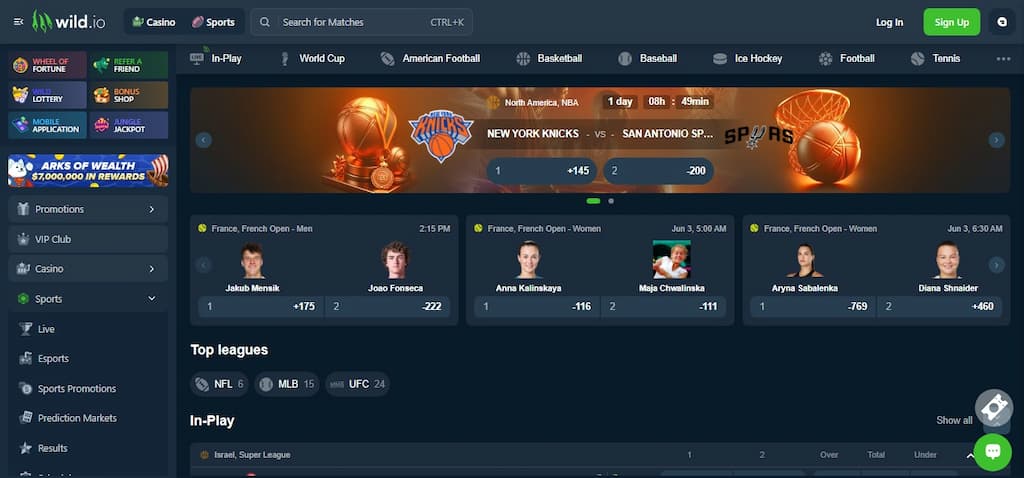 Wild.io Sportsbook screen