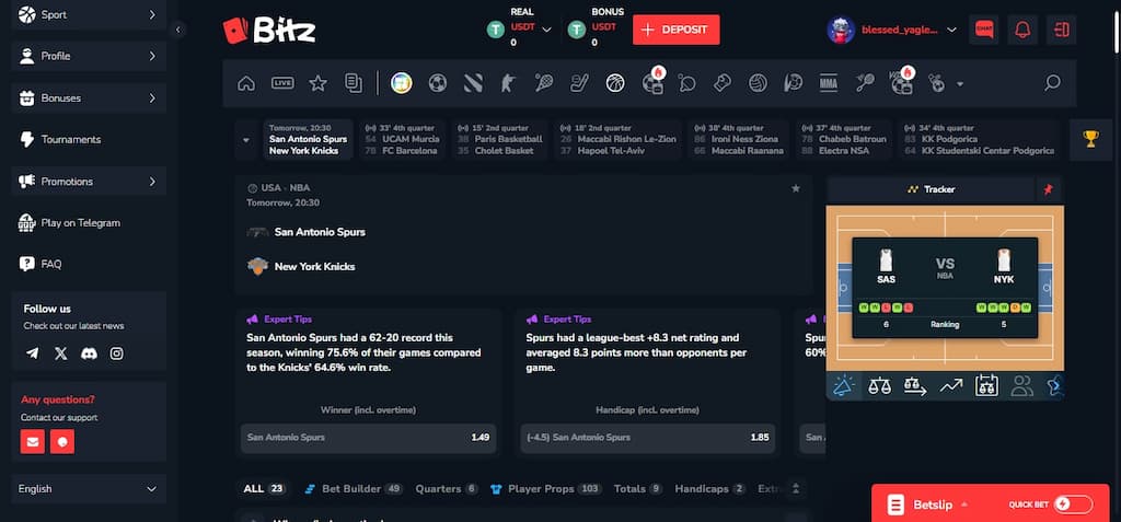 Bitz.io Sportsbook screen